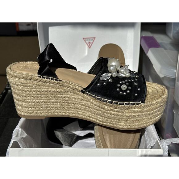 G by Guess Womens Razzle Open Toe Casual Platform Sandals, Black Satin, Size 7 M - Picture 4 of 9